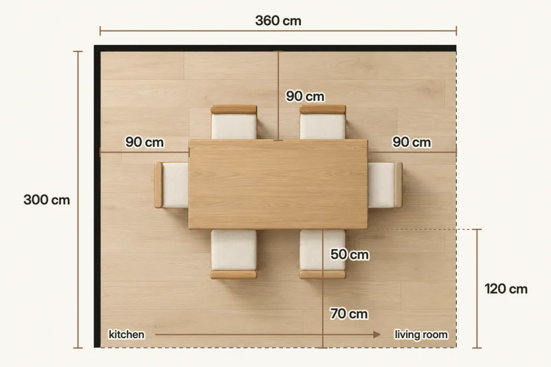 Top-down plan of a 360 × 300 cm dining zone with a 180 × 90 cm table: 90 cm at each end and on the quiet side, 120 cm on the busy side, where the seated chairs take 50 cm and leave 70 cm for the route from the kitchen to the living room