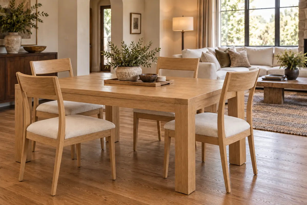 The same room with a light oak table and four slim open-backed oak chairs, the sofa behind them in clear view