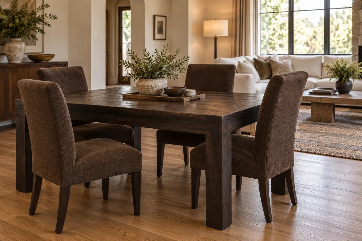 An open-plan dining and living room with a heavy dark table and four bulky high-backed brown chairs crowding the view of the sofa