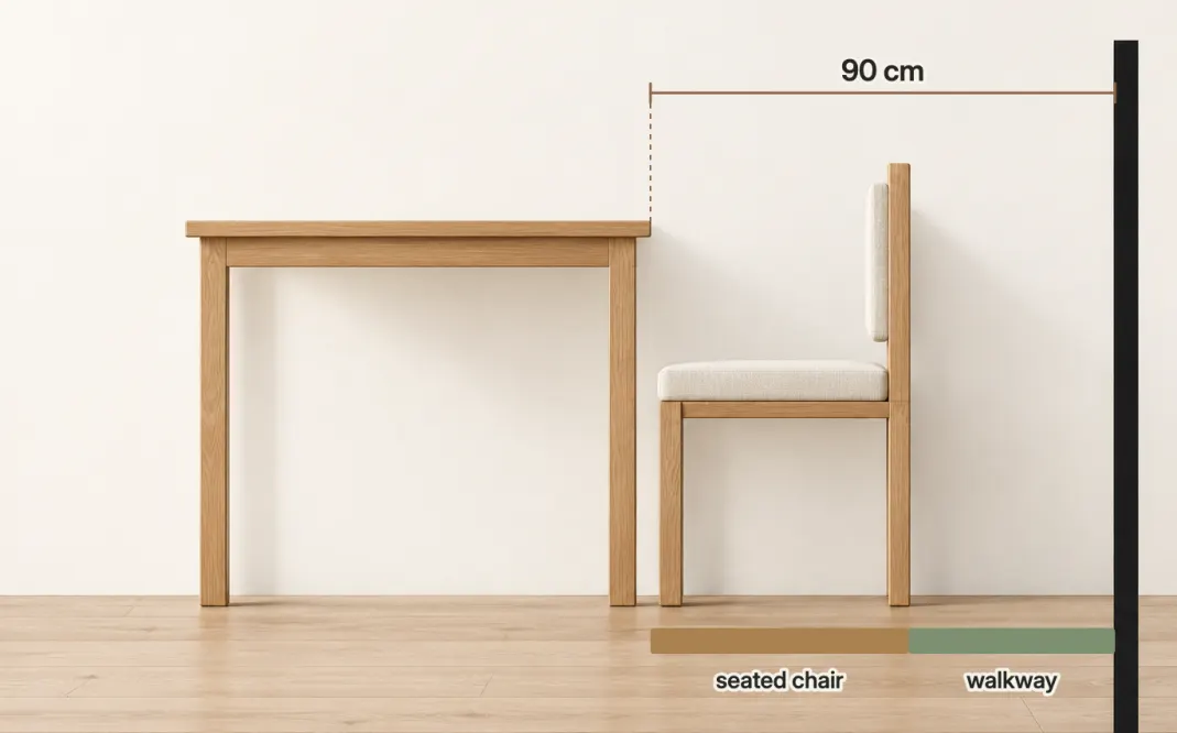 Side view of a dining table 90 cm from a wall, with an empty dining chair pulled out to where it sits during a meal: the seated chair takes the first part of the gap and leaves a narrower walkway behind it