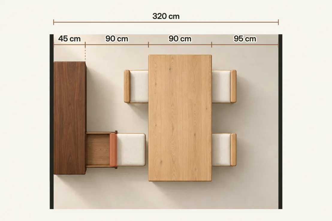 Top-down plan across a 320 cm room: a 45 cm sideboard, 90 cm to a 90 cm-wide table and 95 cm to the far wall; the sideboard's open drawer overlaps the back of a seated chair