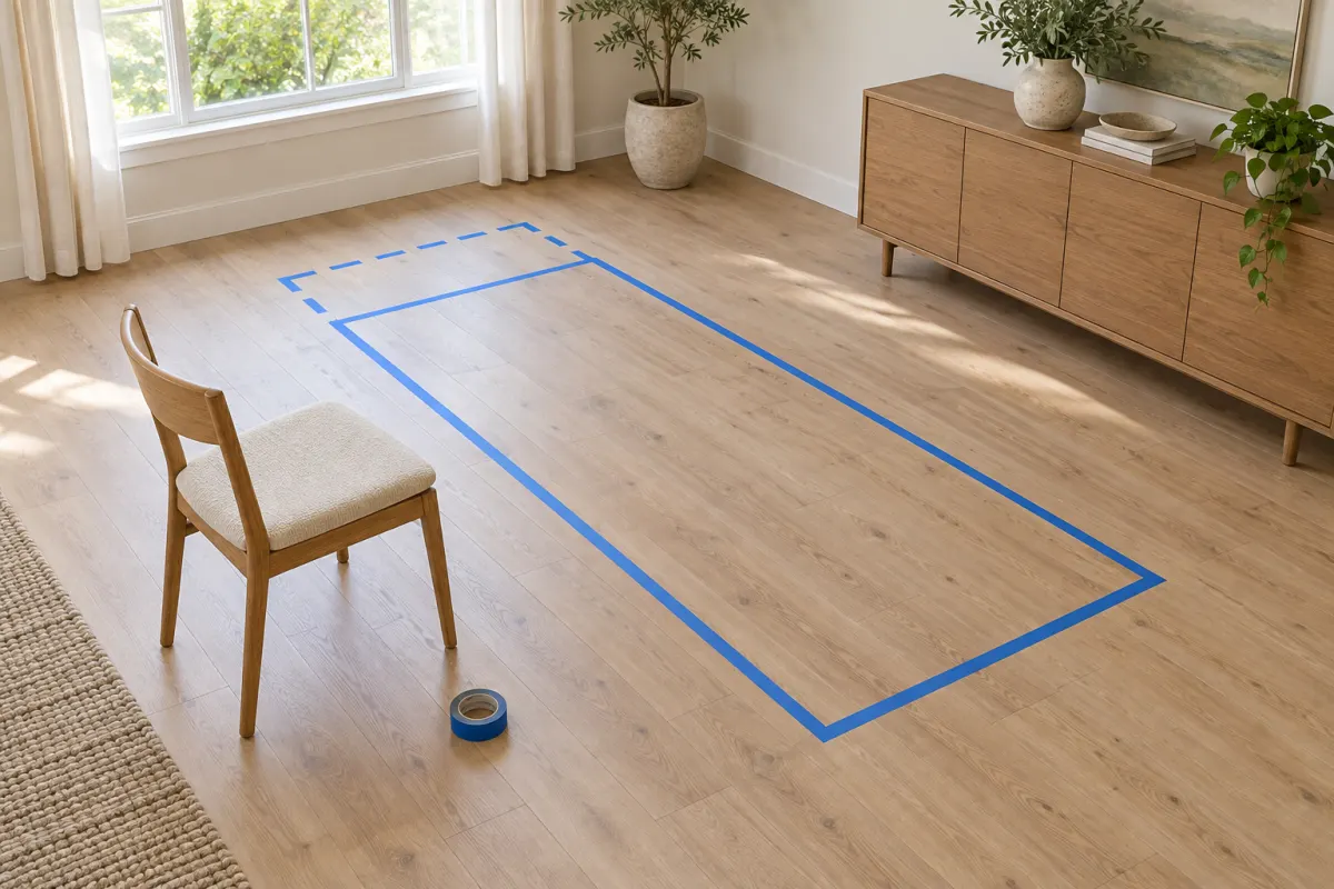 Blue painter's tape on a wooden floor marking a tabletop outline, with a dashed extension at the far end, and one dining chair pulled back beside it