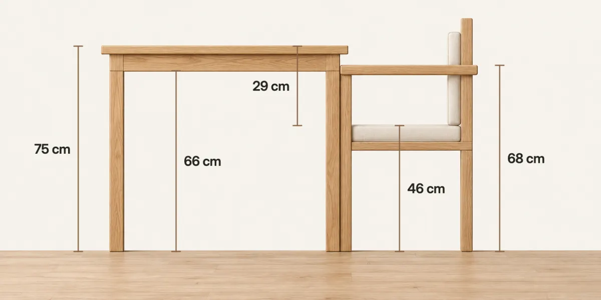 Side view of a 75 cm-high table with its apron 66 cm above the floor, and an armchair with a 46 cm seat and 68 cm arms that stop against the table before the chair can tuck in