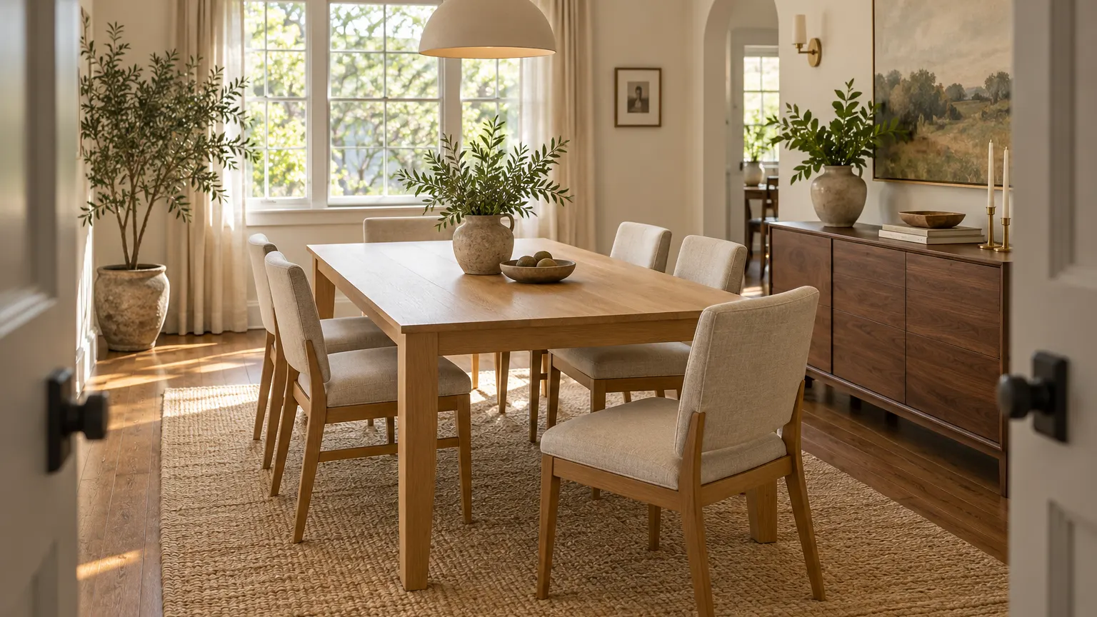 A bright dining room seen from the doorway, with a light-oak table, six linen chairs, a jute rug and a walnut sideboard