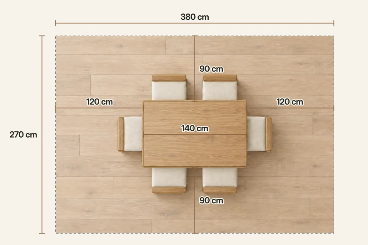 Plan of a 380 × 270 cm dining zone with a 140 × 90 cm table closed, leaving 120 cm at each end