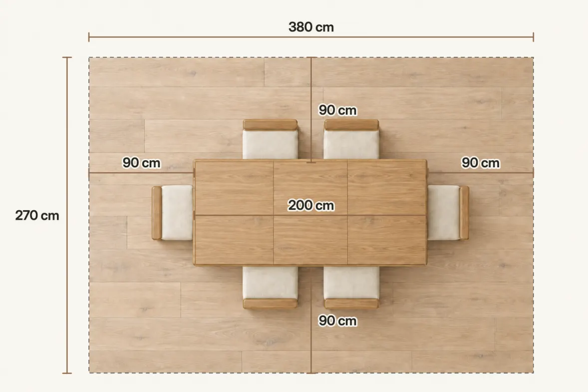 The same zone with the table extended to 200 cm, leaving 90 cm at each end