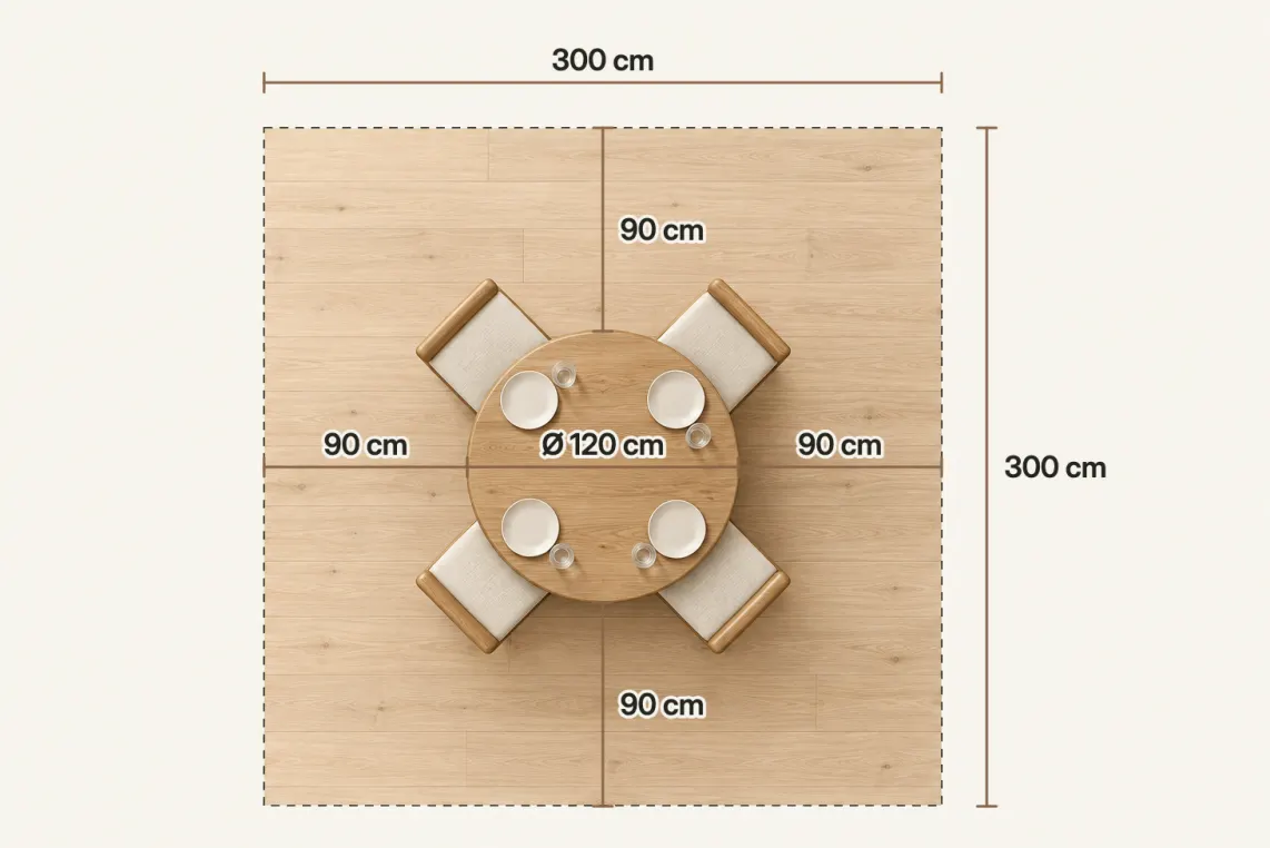Top-down plan of a 120 cm round table with four chairs on the diagonals, centred in a 300 × 300 cm zone with 90 cm from the tabletop to each side