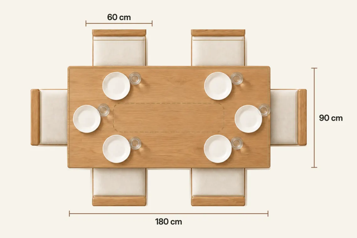 Top-down view of a 180 × 90 cm table set for six: two chairs on each long side, one at each end, a 60 cm place width marked over one chair and a slim central base drawn dashed