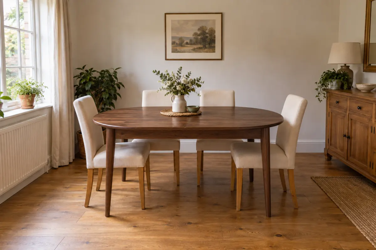 The same dining room with a dark walnut oval table on tapered legs