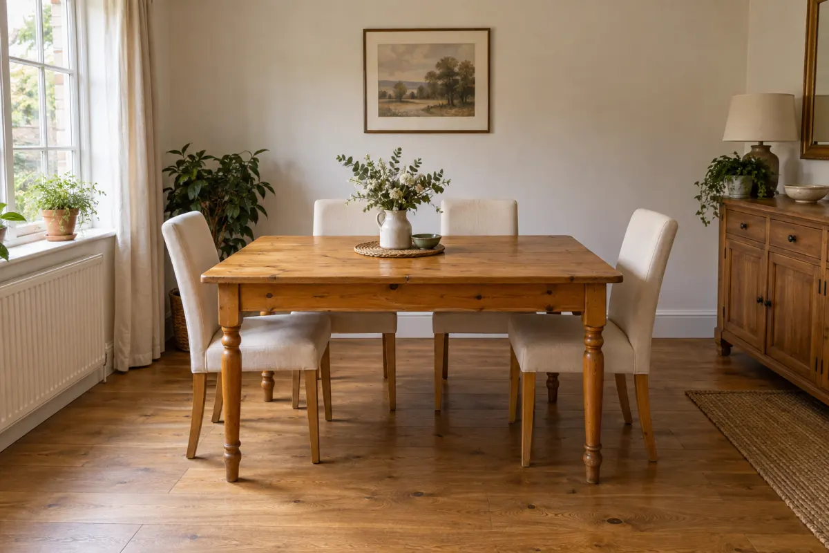 A dining room with a honey-pine table on turned legs, four cream chairs and an oak floor
