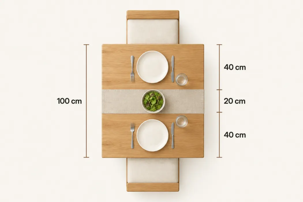 Top-down plan of a 100 cm-wide table: a 40 cm place setting on each side and a 20 cm linen runner in the middle holding a serving bowl
