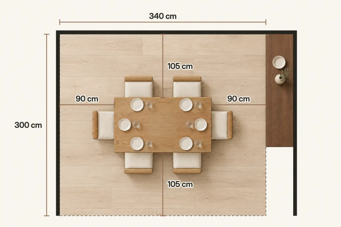 Top-down plan of a 340 × 300 cm dining zone between two walls and a sideboard: a 160 × 90 cm table with six chairs, 90 cm from each end of the table and 105 cm from each long side
