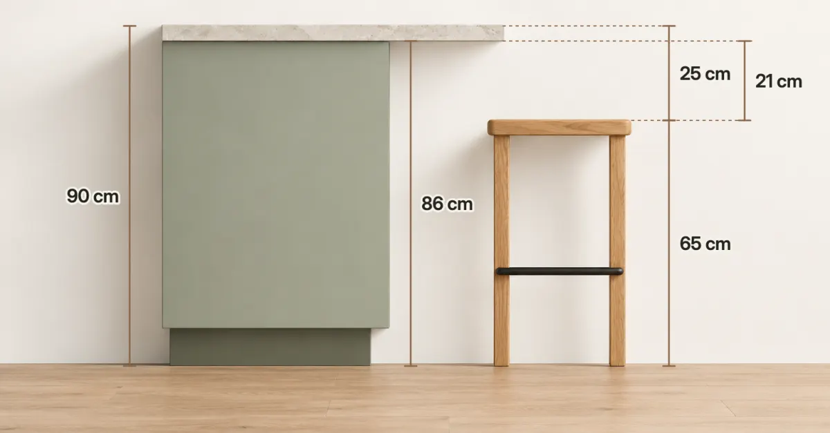 Side view of a 90 cm kitchen counter with a 4 cm stone top, its underside at 86 cm, and a backless oak stool with a 65 cm seat: 25 cm from the seat to the top surface and 21 cm to the underside