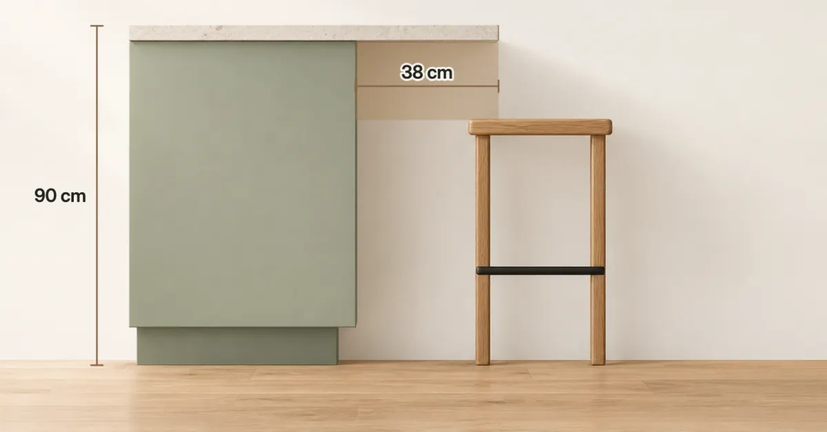 Side view of a 90 cm counter whose stone top overhangs the cabinet by 38 cm, the clear knee space under the overhang shaded, with a backless oak stool pulled in under the edge
