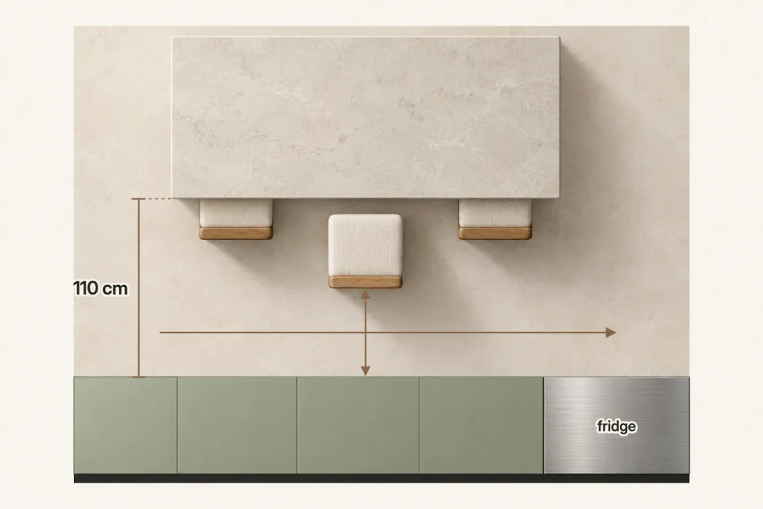 Top-down plan of a stone island with three stools, the middle one pulled out to where it sits during a meal, 110 cm from the counter edge to the tall cabinets and fridge opposite, with the route to the fridge running behind the stool