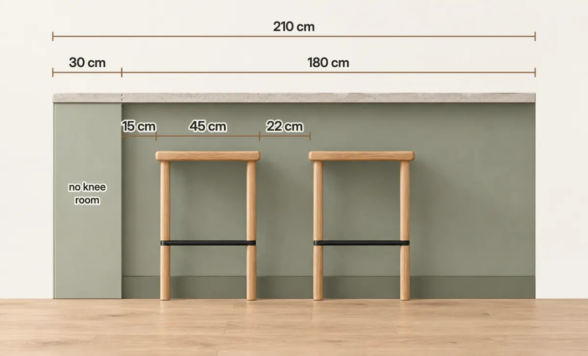 Front view of an island's seating side, 210 cm long: a 30 cm end section with no knee room, then a 180 cm seating run with two 45 cm oak stools, the first 15 cm from the end of the run and 22 cm between them