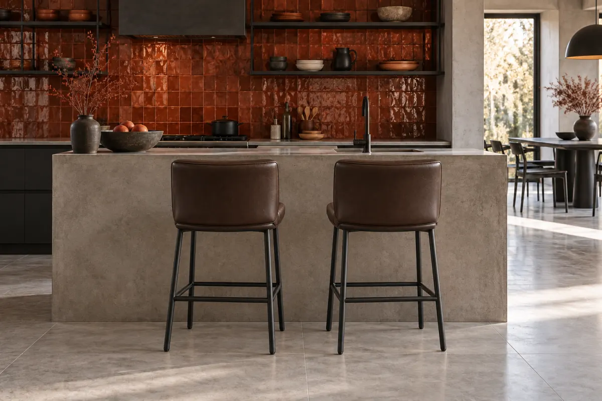 The same kitchen island with two dark brown leather counter stools with fuller backs on black metal legs