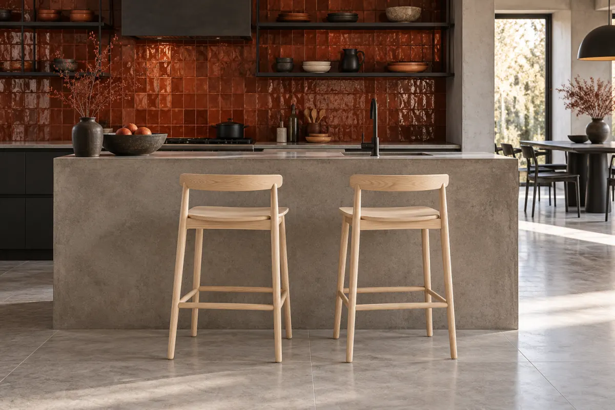 A grey concrete kitchen island with a rust-red tiled backsplash, black steel shelves and two pale ash counter stools with low open backs, a dining area beyond