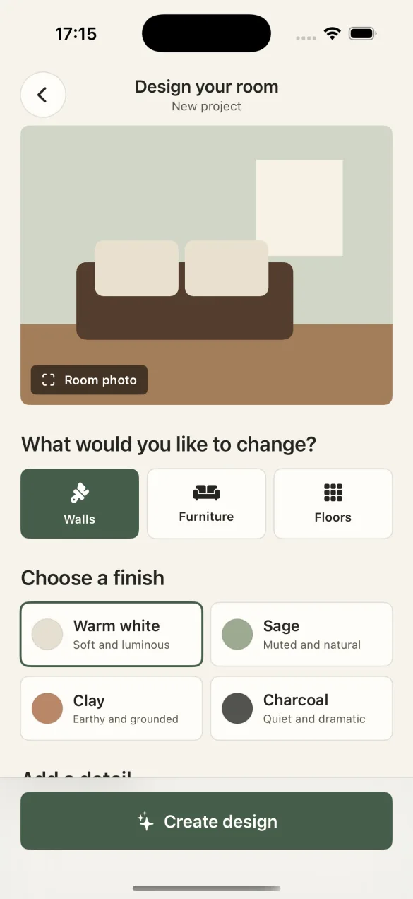 RoomDecor wall finish picker with natural color options