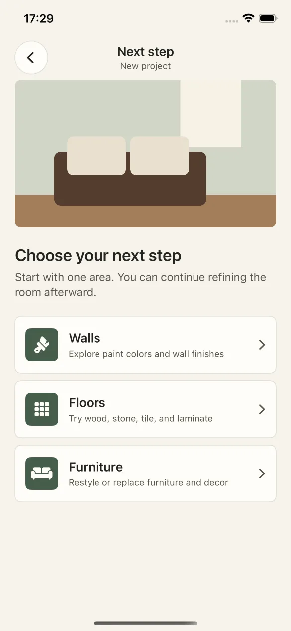 RoomDecor screen for choosing walls, floors, or furniture